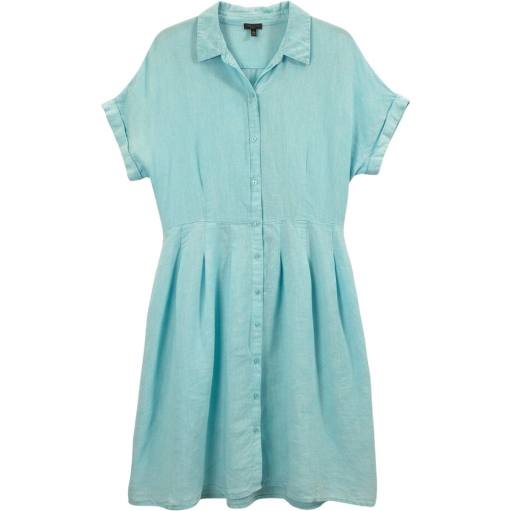 Talbots Linen Button Shirt Dress Pleated Turquoise Blue Women 14P Coastal Preppy
